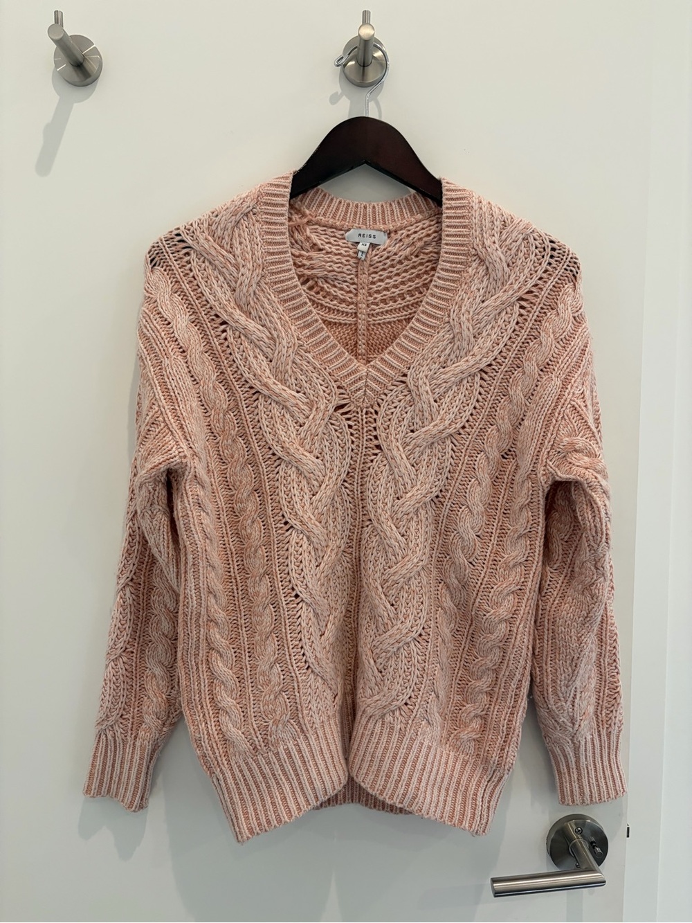 Reiss Esme Cable-Knit V-Neck Sweater in Blush